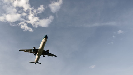 Atmospheric photo of an airplane flying across the blue sky past the clouds . Copy space fot text