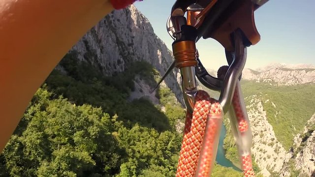 Footage of amazing view of river Cetina near town Omis in Croatia and person driving on zip line.