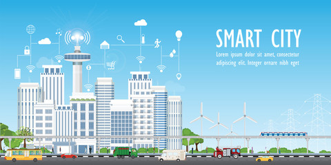 Smart city on urban landscape with different icons.