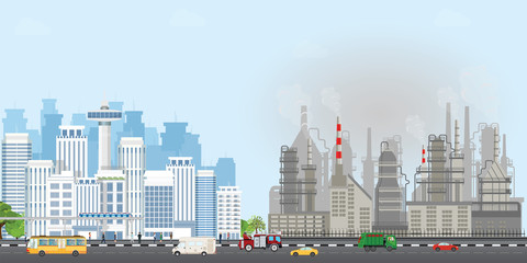 Urban city landscape with contemporary buildings and industrial smoke clouds the sky.