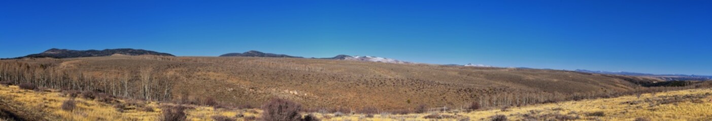 Fototapeta na wymiar Panorama Landscapes views from Road to Flaming Gorge National Recreation Area and Reservoir driving north from Vernal on US Highway 191, in the Uinta Basin Mountain Range of Utah United States, USA
