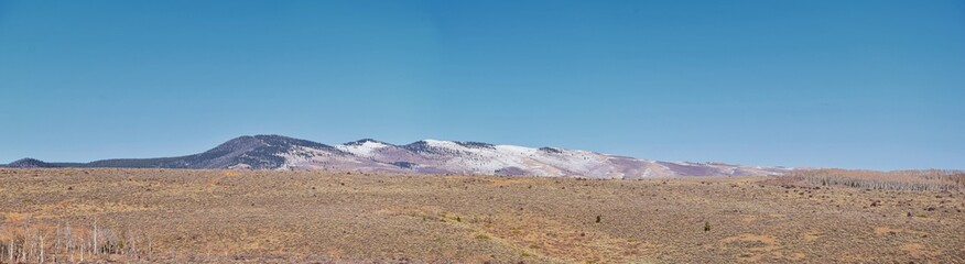 Fototapeta na wymiar Panorama Landscapes views from Road to Flaming Gorge National Recreation Area and Reservoir driving north from Vernal on US Highway 191, in the Uinta Basin Mountain Range of Utah United States, USA