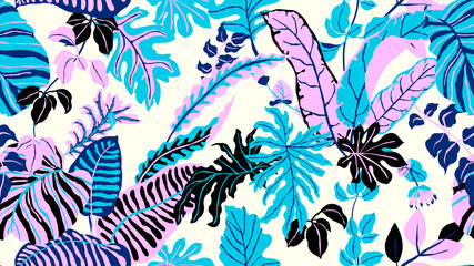 Colorful botanical seamless pattern, hand drawn tropical plants on light yellow background, blue, pink, purple and black tones