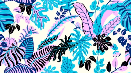 Tuinposter Colorful botanical seamless pattern, hand drawn tropical plants on light yellow background, blue, pink, purple and black tones © momosama