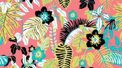 Poster Colorful botanical seamless pattern, hand drawn tropical plants on pink background, blue, pink, yellow and black tones © momosama