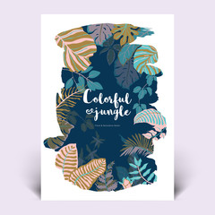 Colorful botanical invitation card template design, hand drawn tropical plants in black paint shape brush, brown, blue and pink tones