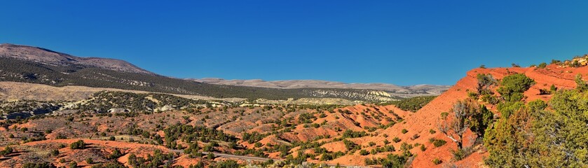 Panorama Landscapes views from Road to Flaming Gorge National Recreation Area and Reservoir driving north from Vernal on US Highway 191, in the Uinta Basin Mountain Range of Utah United States, USA