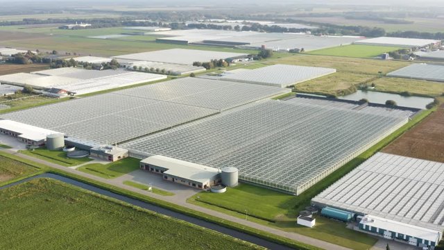 Drone shot of greenhouses in the Netherlands