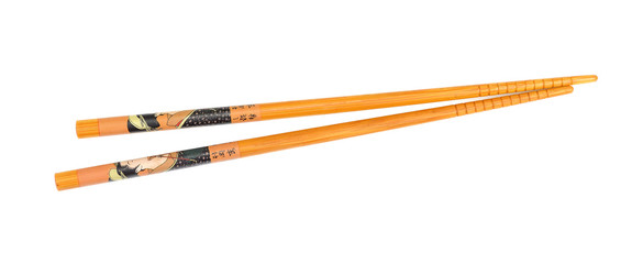 Wooden chopsticks on white background.