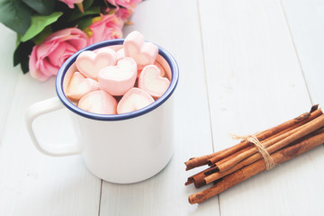 Pink heart shape marshmallows on hot chocolate cup. Love concept. Valentine's Day