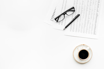 Business lunch with pencil, document and black coffee on work desk white background top view mock up