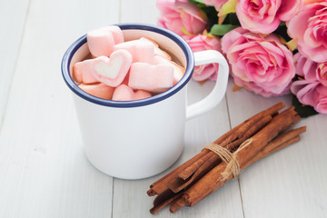 Pink heart shape marshmallows on hot chocolate cup. Love concept. Valentine's Day
