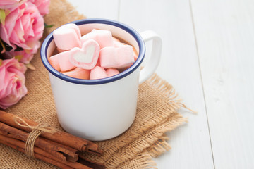 Heart shape marshmallows on hot chocolate cup. Love and Valentine's Day concept