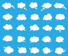 white clouds speak bubbles set on blue background, clouds speak icon