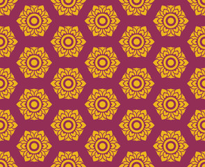 golden Thai floral pattern seamless on red vintage background for textile, design, backdrop, wallpaper