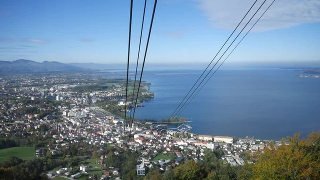Bregenz, Austria - Amazing view on Lake Constance and Bregenz during a ride with the Pfaenderbahn Cable Car going up the mountain