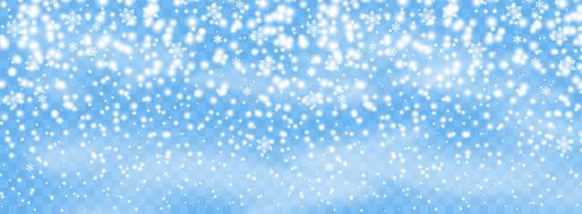 Falling snowflakes flakes on isolated background, Blizzard with wind. Overlay design element. Christmas decoration. Vector illustration.