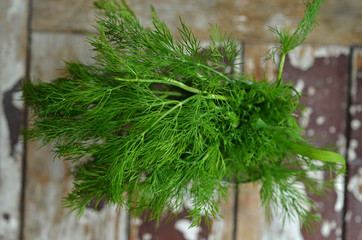 Fresh dill in a glass on a wooden background
