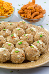 Indian Traditional Sweet Food Urad Dal Laddu Also Know as Laddoo, Ladoo, Laddo are Ball-Shaped Sweets Made of Butter, Dry Fruits, Fenugreek and other Spices. Urad Dal laddu Sweet Mostly Eat in Winter