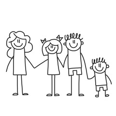 Happy family with children. Kids drawing style vector illustration. Mother, father, sister, brother.