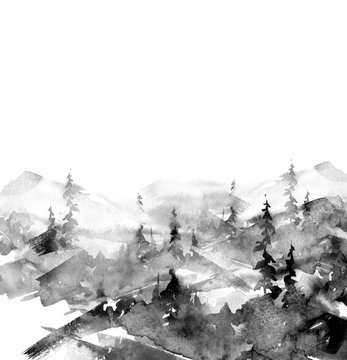 Watercolor picture of mountains, forest with pine trees, fir. Abstract vintage spots of black, white. On a white background. Postcard, picture, poster, logo.Suburban landscape watercolor, black ink.