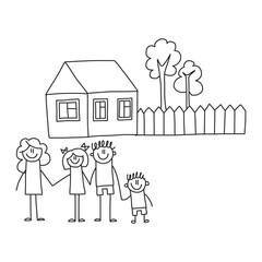 Happy family with children. Kids drawing style vector illustration. Mother, father, sister, brother.