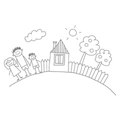 Happy family with children. Kids drawing style vector illustration. Mother, father, sister, brother.