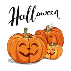 cute Halloween pumpkins on white background. vector illustration. lettering