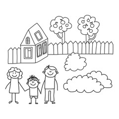 Happy family with children. Kids drawing style vector illustration. Mother, father, sister, brother.