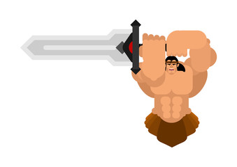 Barbarian with sword. Strong Warrior with weapons Big blade. berserk Brutal man. Strong Powerful Medieval Mercenary Soldier. Vector illustration