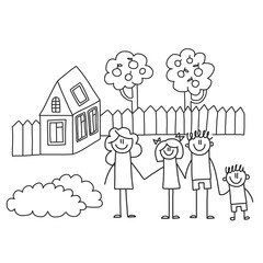 Happy family with children. Kids drawing style vector illustration. Mother, father, sister, brother.
