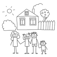 Happy family with children. Kids drawing style vector illustration. Mother, father, sister, brother.