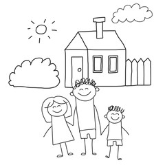 Happy family with children. Kids drawing style vector illustration. Mother, father, sister, brother.