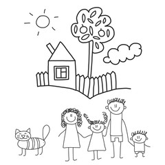 Obraz na płótnie Canvas Happy family with children. Kids drawing style vector illustration. Mother, father, sister, brother.