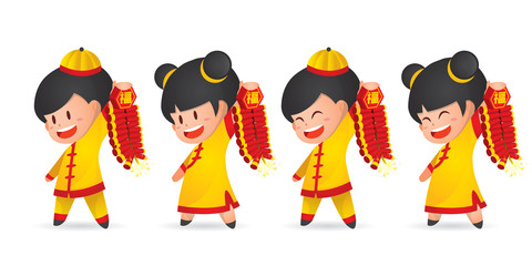 Cute cartoon Chinese New Year boy and girl having fun with firecracker, isolated on white. Chinese kids in flat vector illustration.