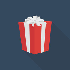gift icon in flat style with long shadow, isolated vector illustration on blue transparent background. Gift box