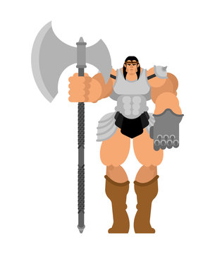 Barbarian with sword. Strong Warrior with weapons Big blade. berserk Brutal man. Strong Powerful Medieval Mercenary Soldier. Vector illustration