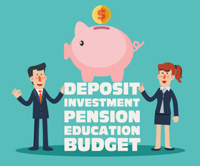 Successful smiling business man and businesswoman with a piggy bank. Saving and investing money concept. Future financial planning concept - Vector 