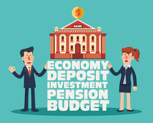 Successful smiling business woman and businessman with bank building. Saving and investing money concept. Future financial planning concept - Vector 