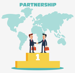 Two successful and smiling businessmen shake hands. Partnership, cooperation, international collaboration and teamwork in business vector concept - Vector 