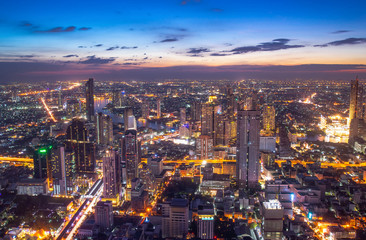 Beautiful sunset cityscape Urban of Bangkok city at night , landscape Thailand Bangkok cityscape. Bangkok night view in the business district. at twilight. - obrazy, fototapety, plakaty