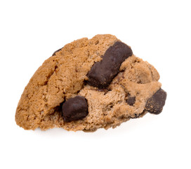 Piece  of Homemade chocolate chips cookies isolated on white background. Macro