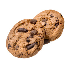 Homemade chocolate chips cookies isolated on white background,  top view. Macro