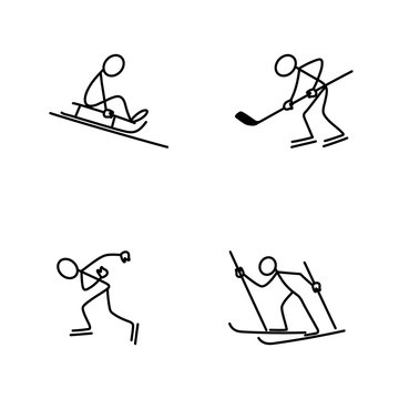 Stick figure people doing winter sports