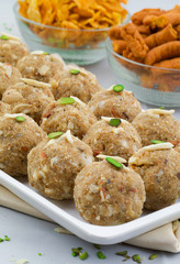 Indian Traditional Sweet Food Urad Dal Laddu Also Know as Laddoo, Ladoo, Laddo are Ball-Shaped Sweets Made of Butter, Dry Fruits, Fenugreek and other Spices. Urad Dal laddu Sweet Mostly Eat in Winter
