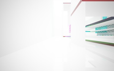 abstract architectural interior with white sculpture and geometric gradient glass lines. 3D illustration and rendering