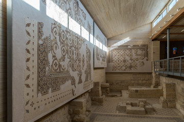 Part of the restored antique mosaic on the floor in Memorial Church of Moses on Mount Nebo near the city of Madaba in Jordan