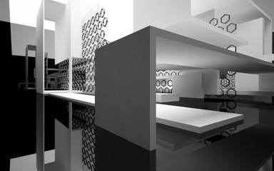 Fototapeta na wymiar Abstract white interior of the future, with glossy black wall and floor. 3D illustration and rendering