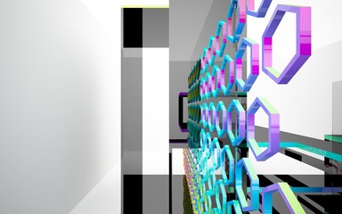 Abstract white interior of the future, with glossy black sculpture and colored gradient lines. 3D illustration and rendering