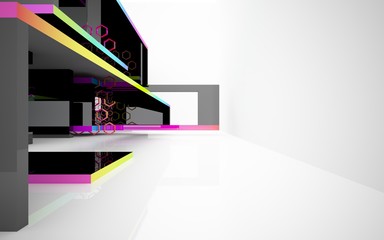 Abstract white interior of the future, with glossy black sculpture and colored gradient lines. 3D illustration and rendering